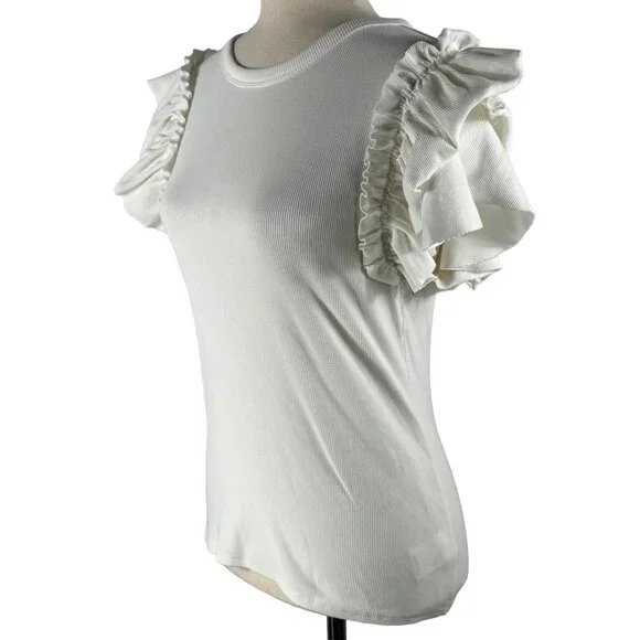 LIKE NEW! EXPRESS Ruffle Sleeve Ribbed Short Sleeve T-Shirt in Cream Siz… - Picture 3 of 8